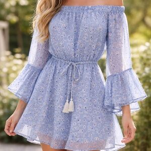 indulge Light Blue Off-Shoulder Floral Romper with Tassel Tie, sz M